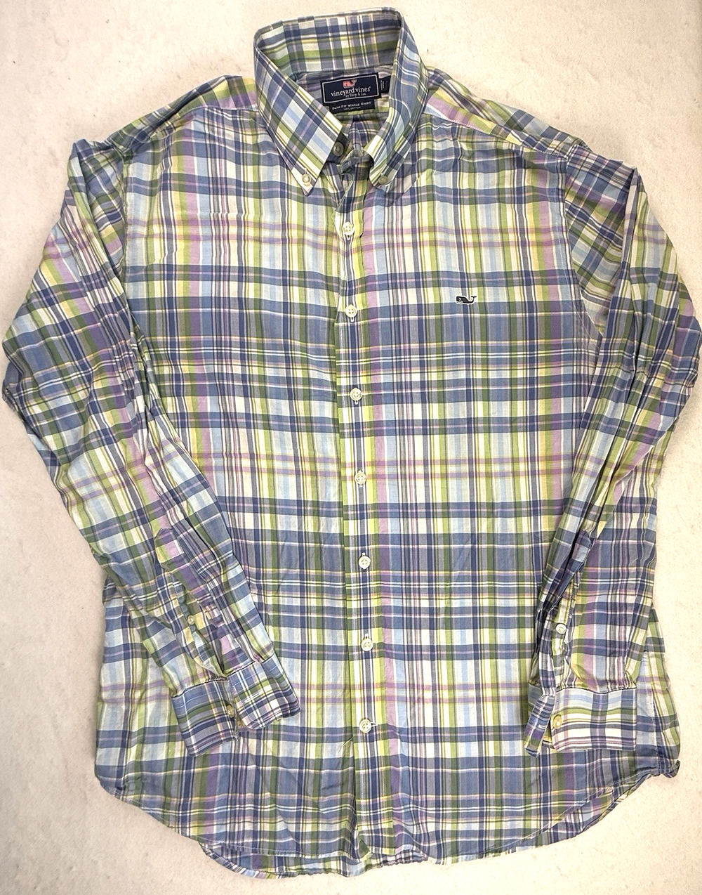 Vineyard Vines slim fit whale shirt large plaid green pink blue Preppy